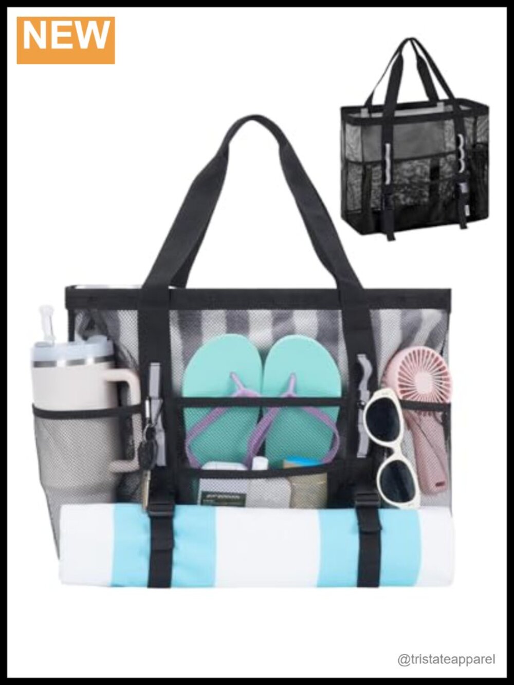 Mesh Beach Bag with 40oz Tumbler Pockets, Wet Pocket, Sandproof, Large Tote for